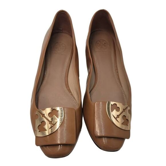 Tory Burch Shoes - Tory Burch Brown Heels Gold Logo Patent Leather Flats